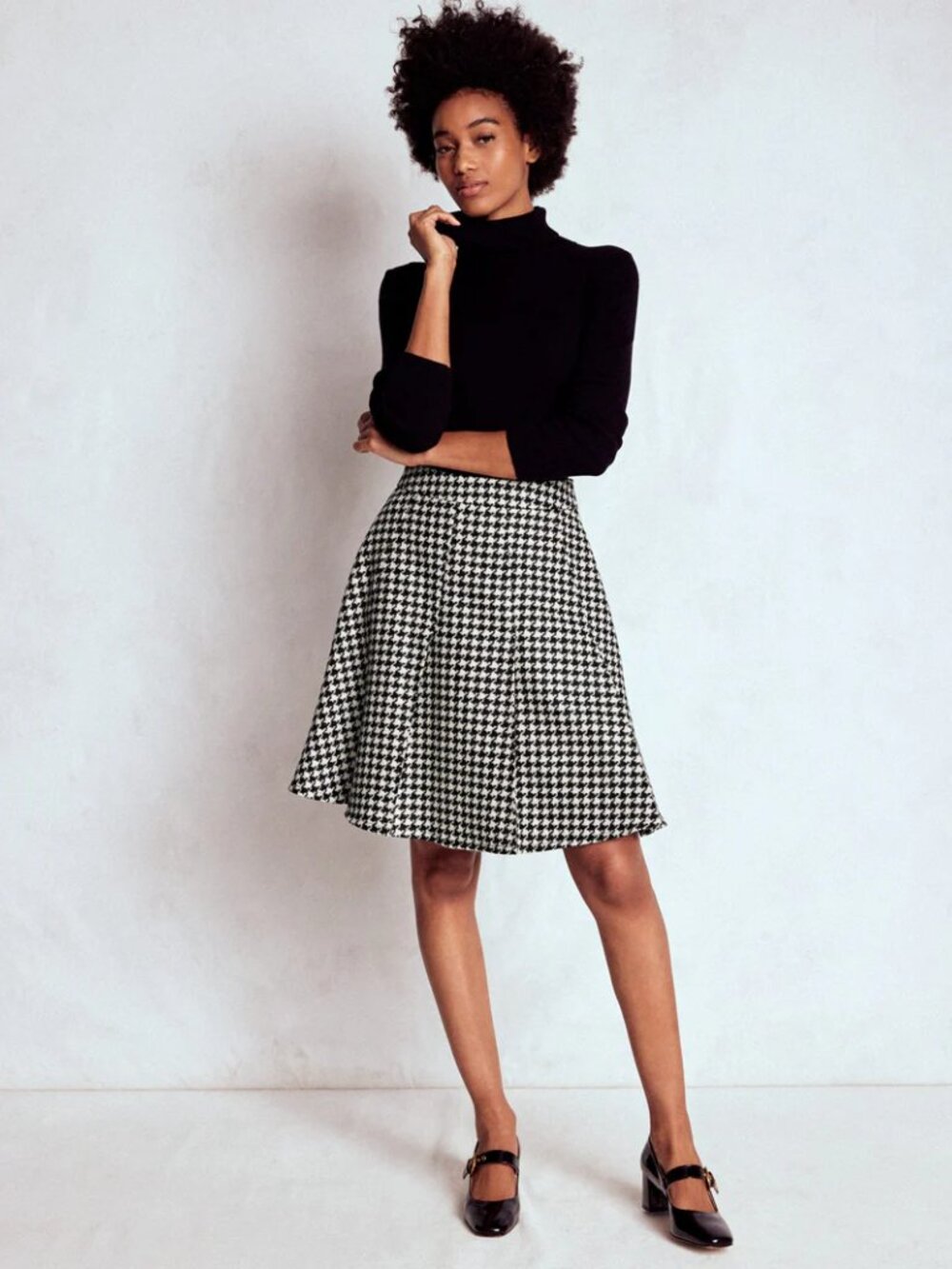 Boden Flippy Wool Skirt Midi A Line Flare Houndstooth Checkered Pleated Black 4